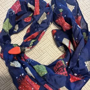 Long Christmas Blue Holiday Package Scarf with red Christmas bulb