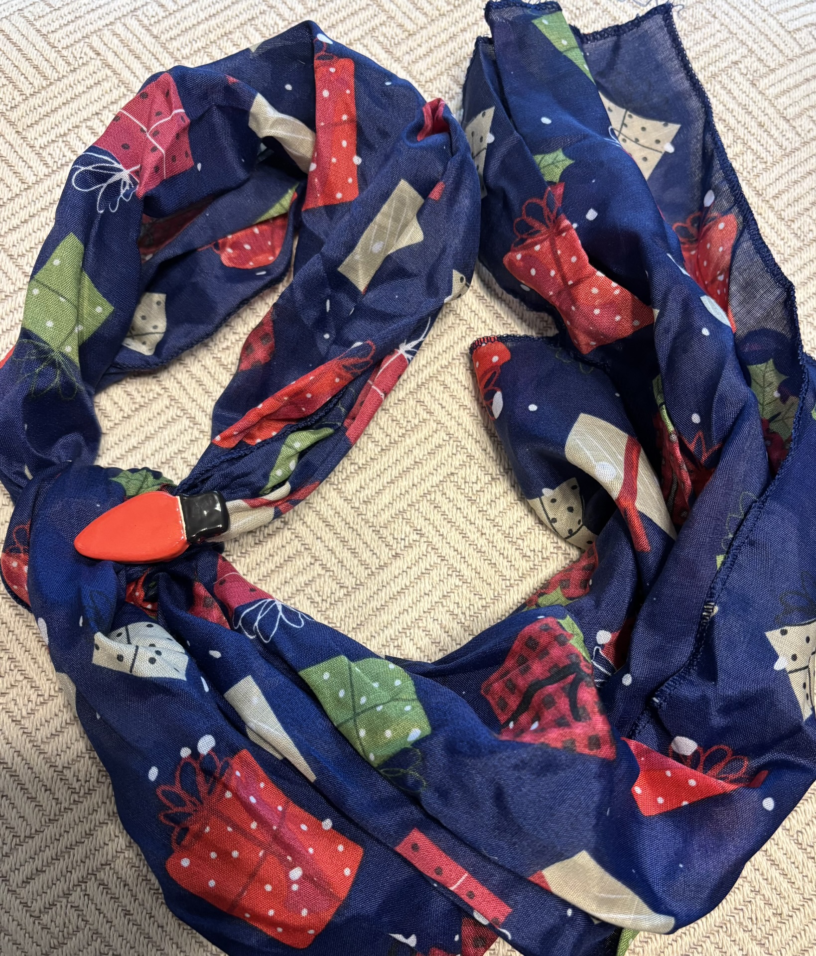 Long Christmas Blue Holiday Package Scarf with red Christmas bulb