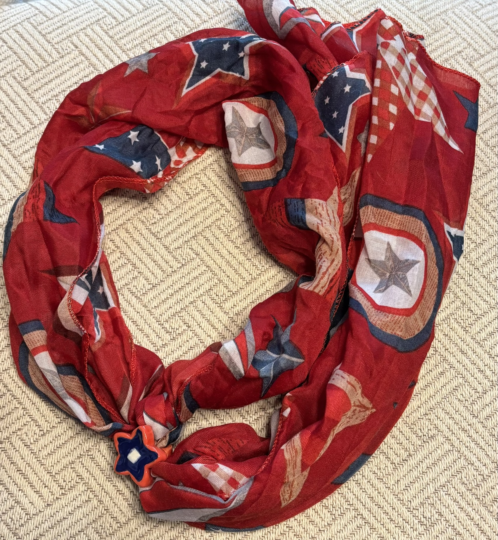 Patriotic Red, White, and Blue Long Scarf with Star Bead
