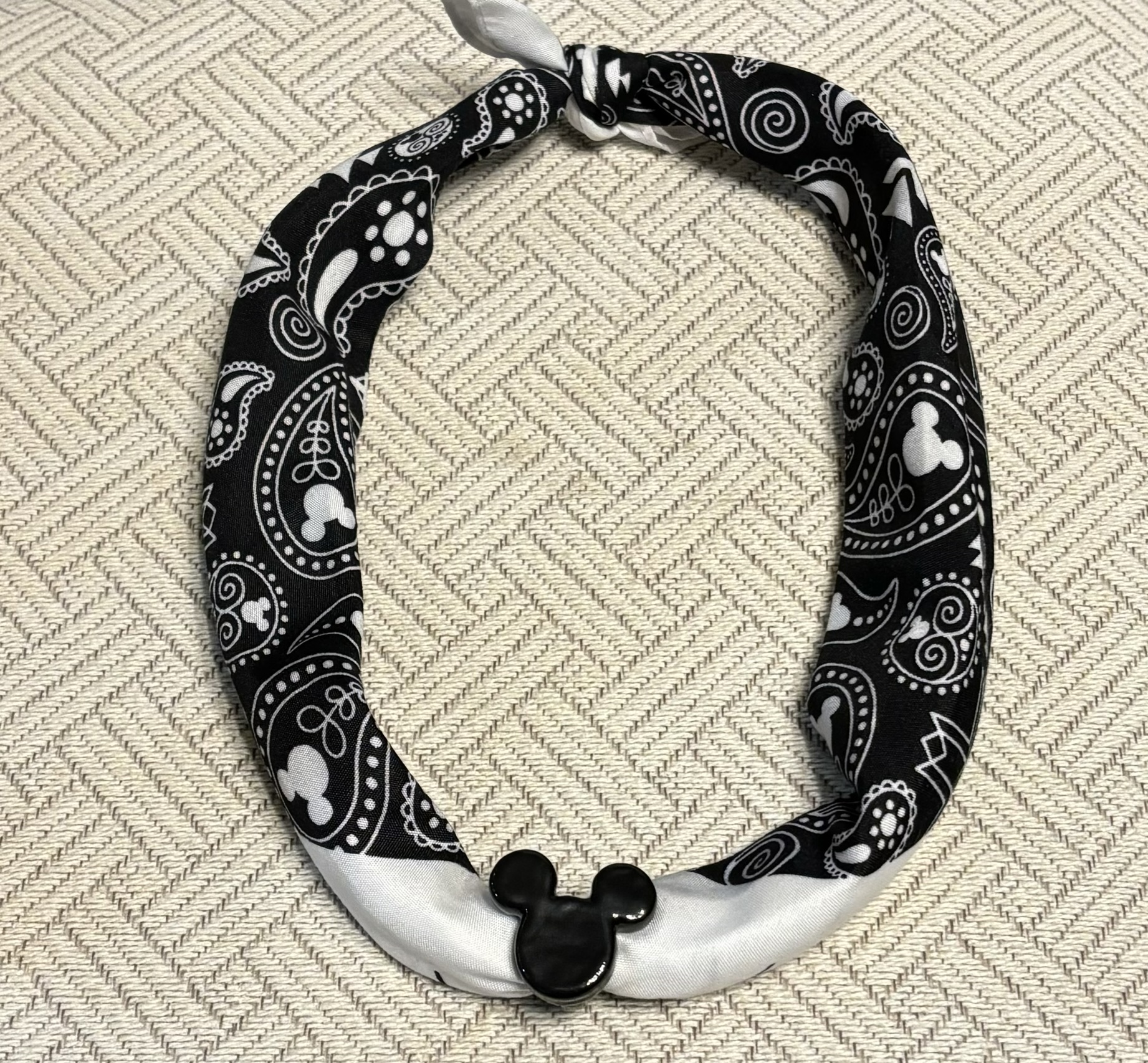 Black and white bandana with Mickey Mouse ceramic bead