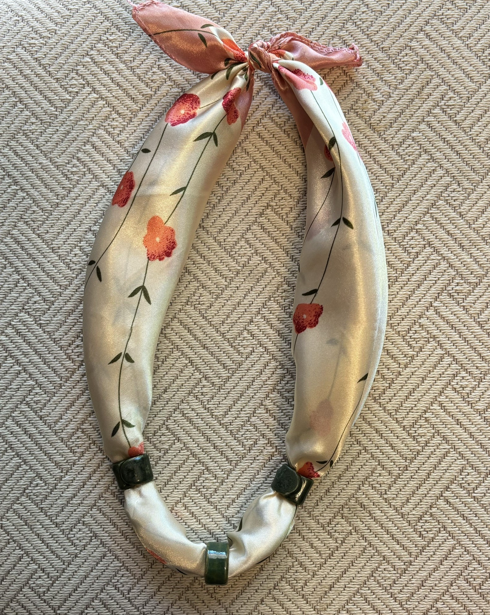 Silky Coral Colored Poppy with Glossy Green Beads